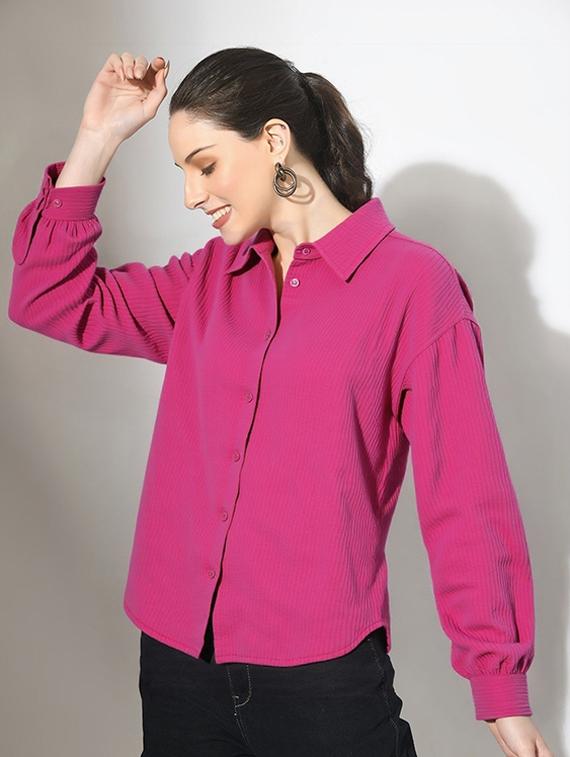 women solid collared long sleeve relaxed fit shirt - 22055145 - Standard Image - 1