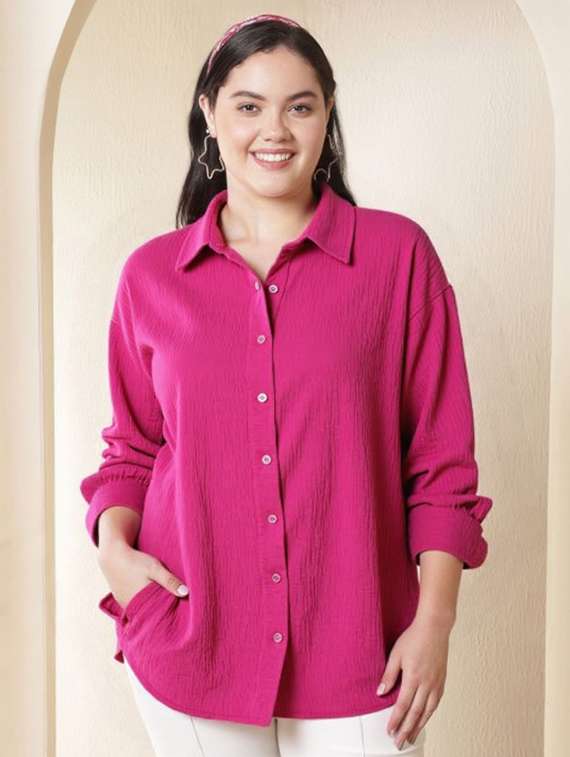 women plus size solid collared long sleeve shirt