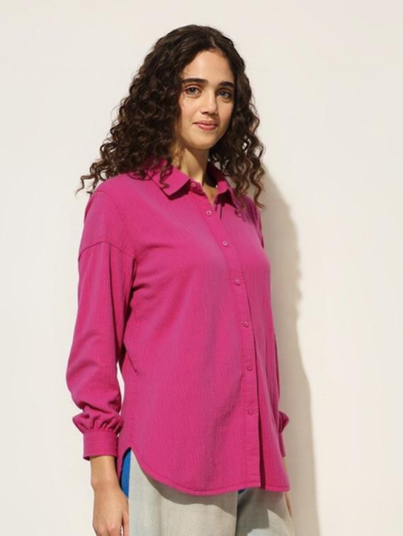 women solid collared long sleeve oversized shirt - 22055153 - Standard Image - 1