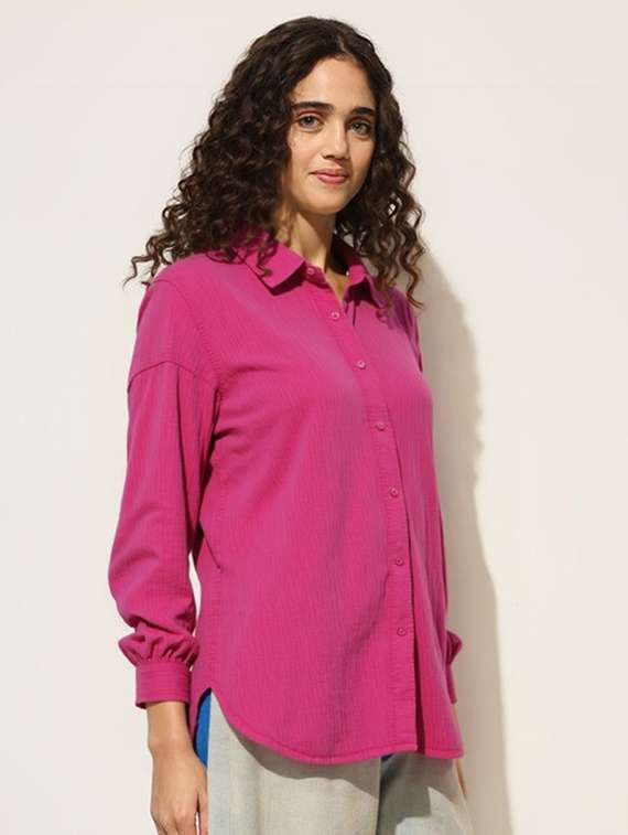 women solid collared long sleeve relaxed fit shirt - 22055154 -  Standard Image - 1