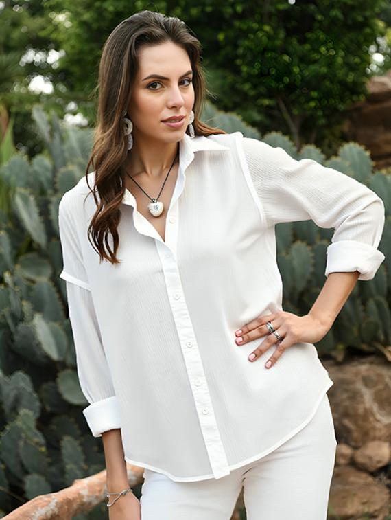 women solid collared long sleeve relaxed fit shirt - 22055157 - Standard Image - 1