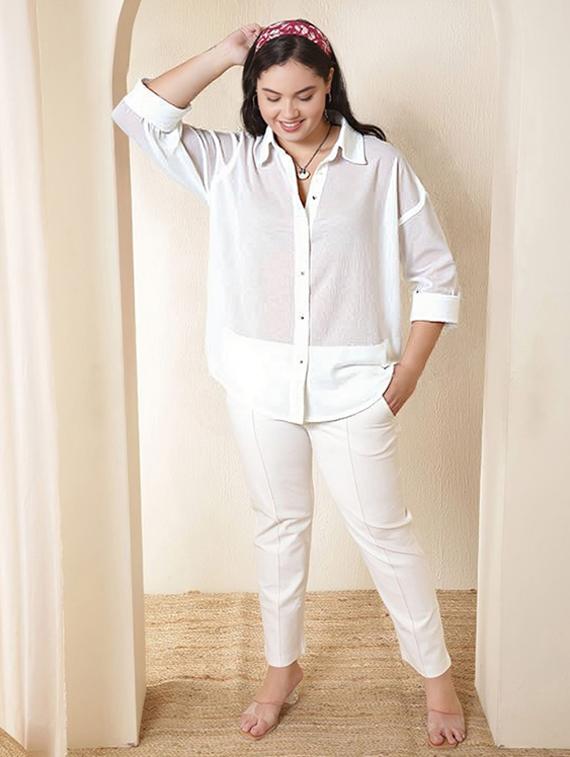 women plus size solid collared long sleeve shirt - 22055161 - Standard Image - 1