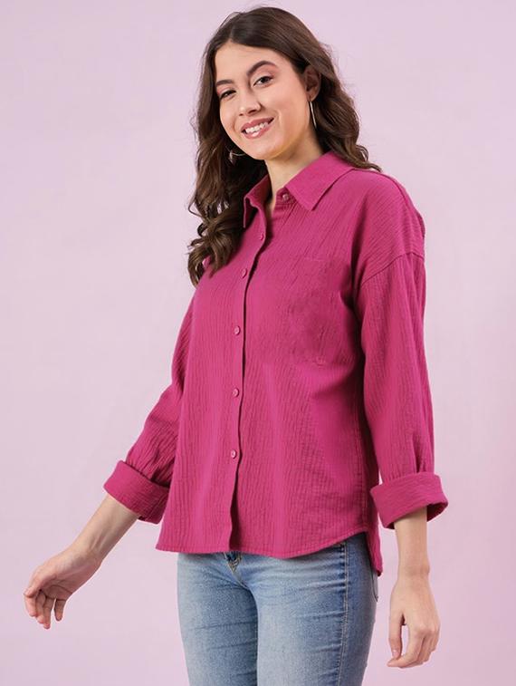 women solid collared long sleeve relaxed fit shirt - 22055166 - Zoom Image - 0