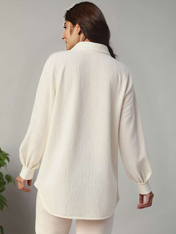 women solid collared long sleeve relaxed fit shirt - 22055168 - Standard Image - 1