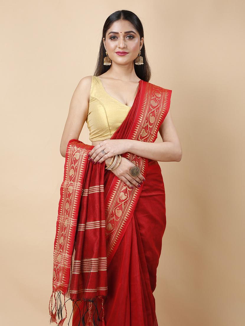 women solid with bordered handloom saree - 22055183 - Standard Image - 4