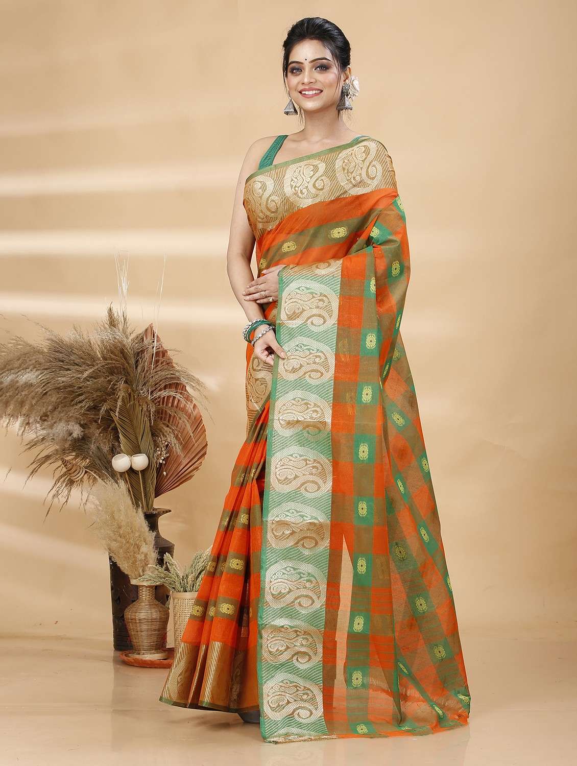 orange cotton blend tant saree - 22055449 - Standard Image - 1