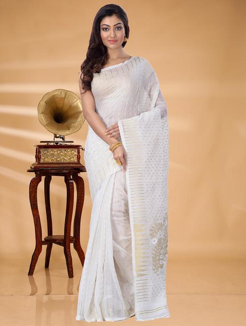 white cotton blend jamdani saree - 22055472 -  Standard Image - 0