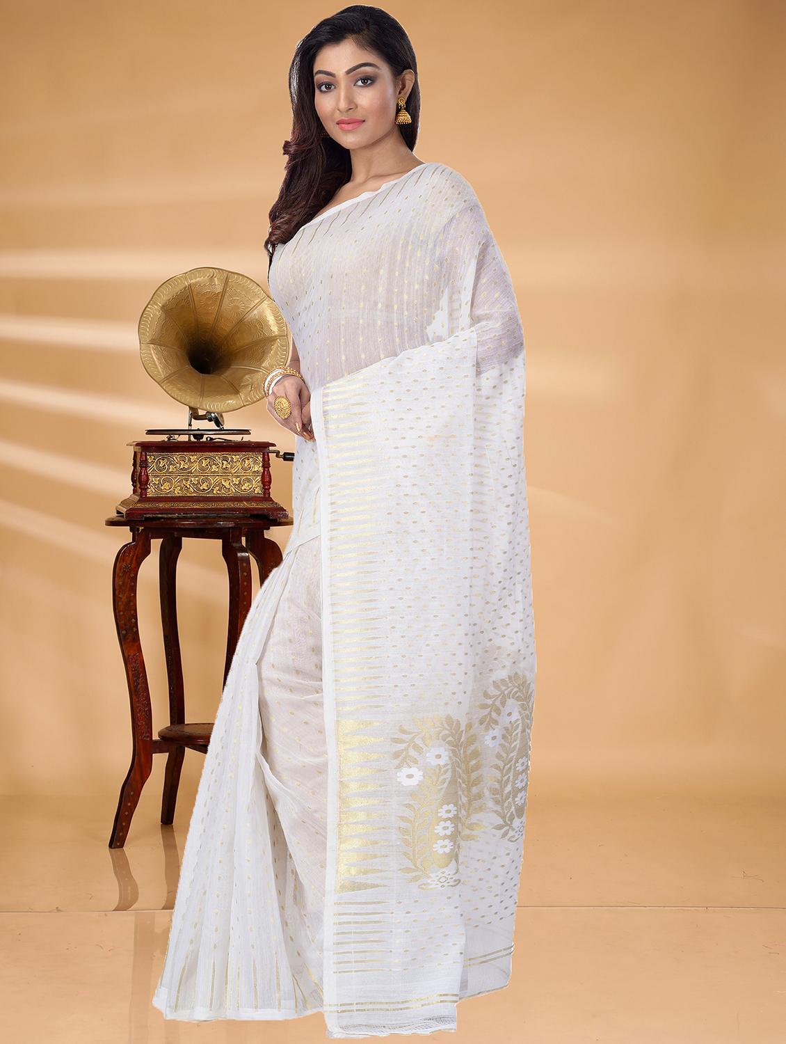 white cotton blend jamdani saree - 22055472 -  Standard Image - 1