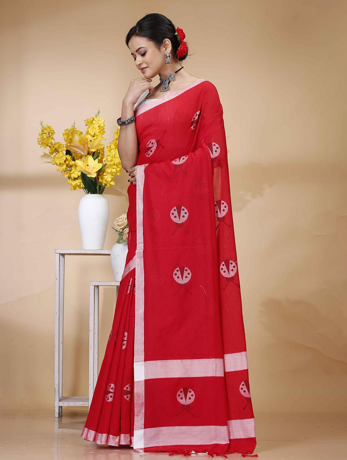 red cotton handloom saree - 22055476 - Standard Image - 1