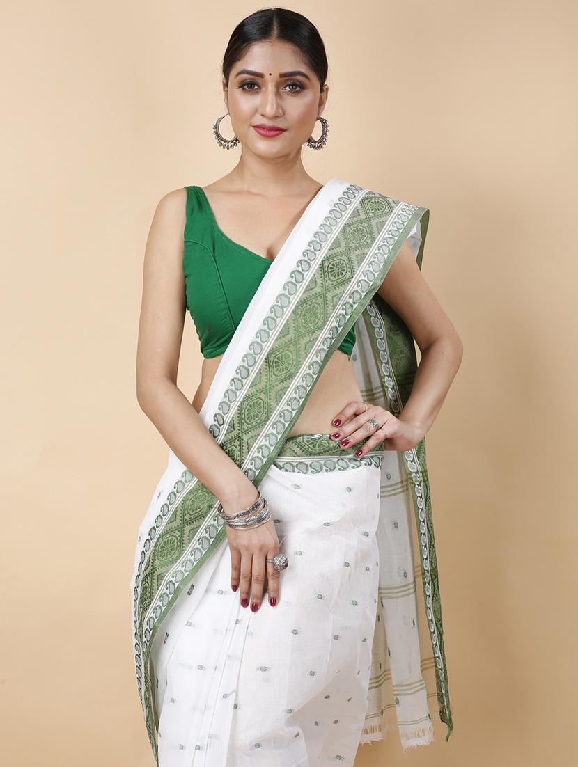 white cotton blend tant saree - 22055523 - Standard Image - 1