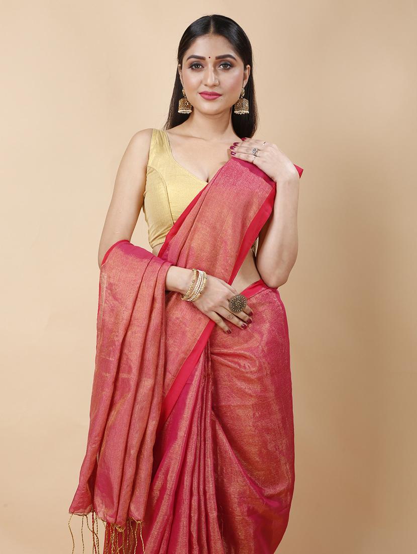 red linen handloom saree - 22055542 - Standard Image - 1