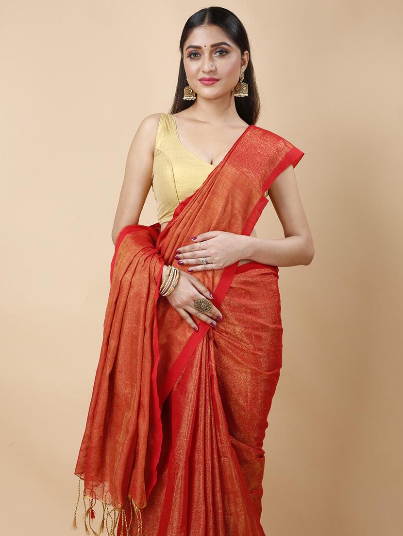 orange linen handloom saree - 22055547 - Standard Image - 1