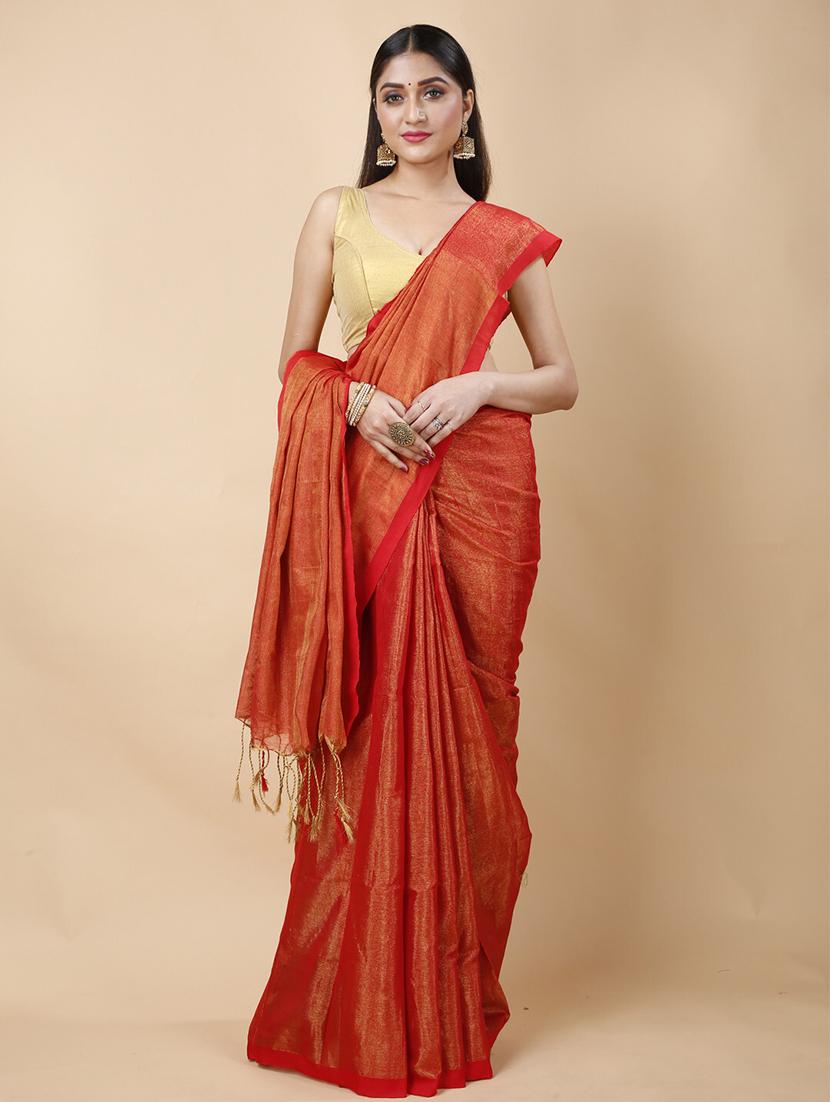 orange linen handloom saree - 22055547 - Standard Image - 4