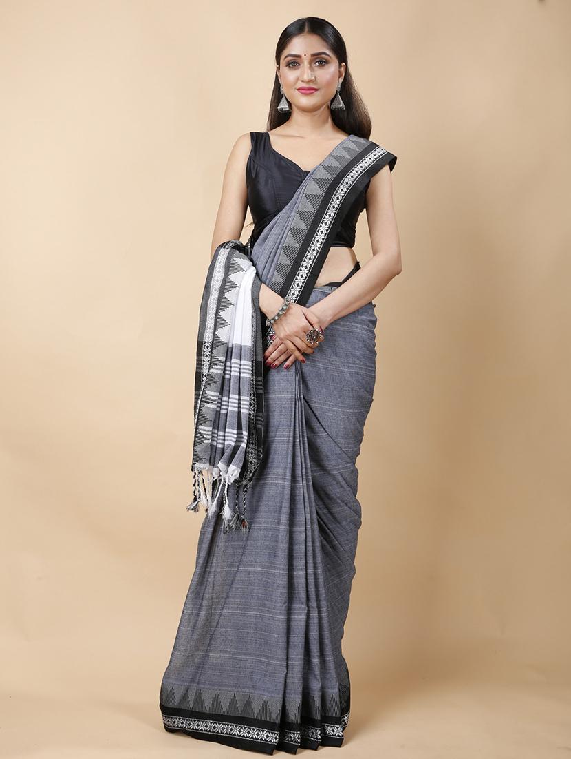 grey cotton handloom saree - 22055595 - Standard Image - 1