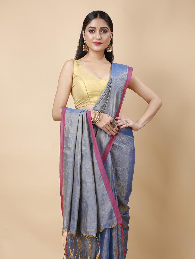 light blue linen handloom saree - 22055702 - Standard Image - 4