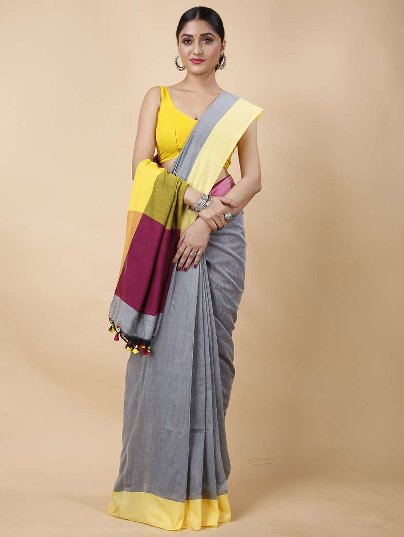 grey cotton handloom saree - 22055711 - Standard Image - 1