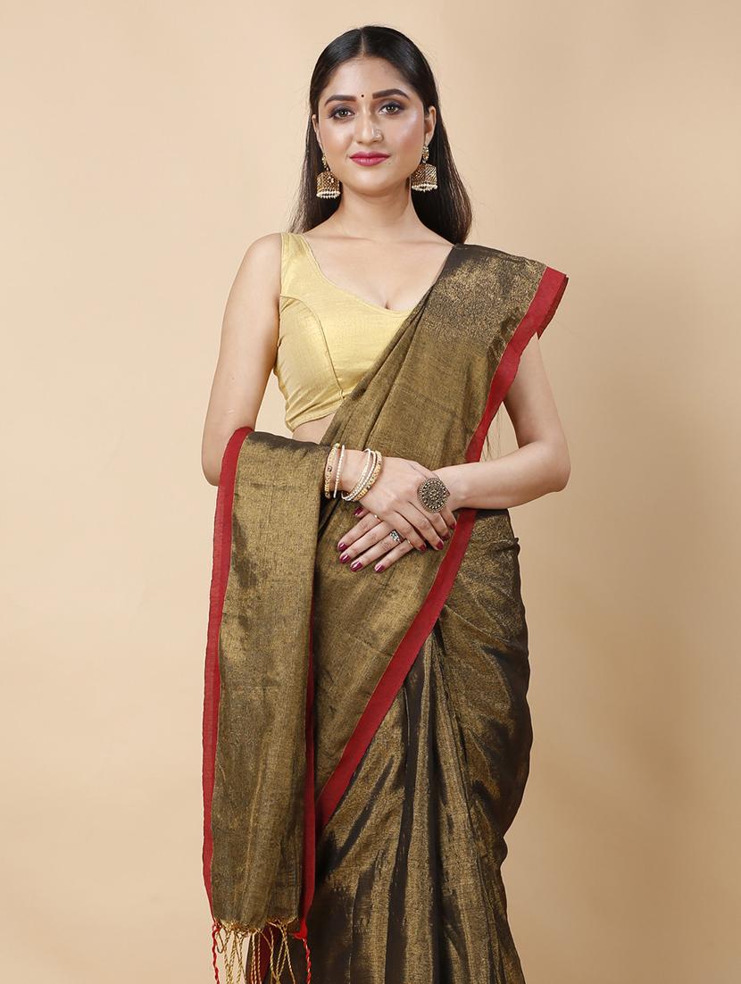 brown cotton blend handloom saree - 22055743 -  Standard Image - 1