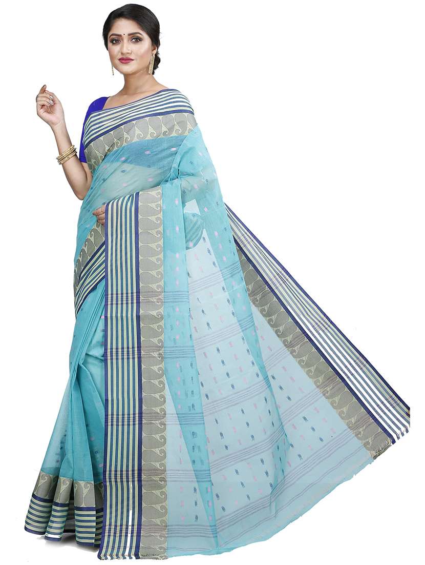 light blue cotton tant saree - 22055810 - Standard Image - 1