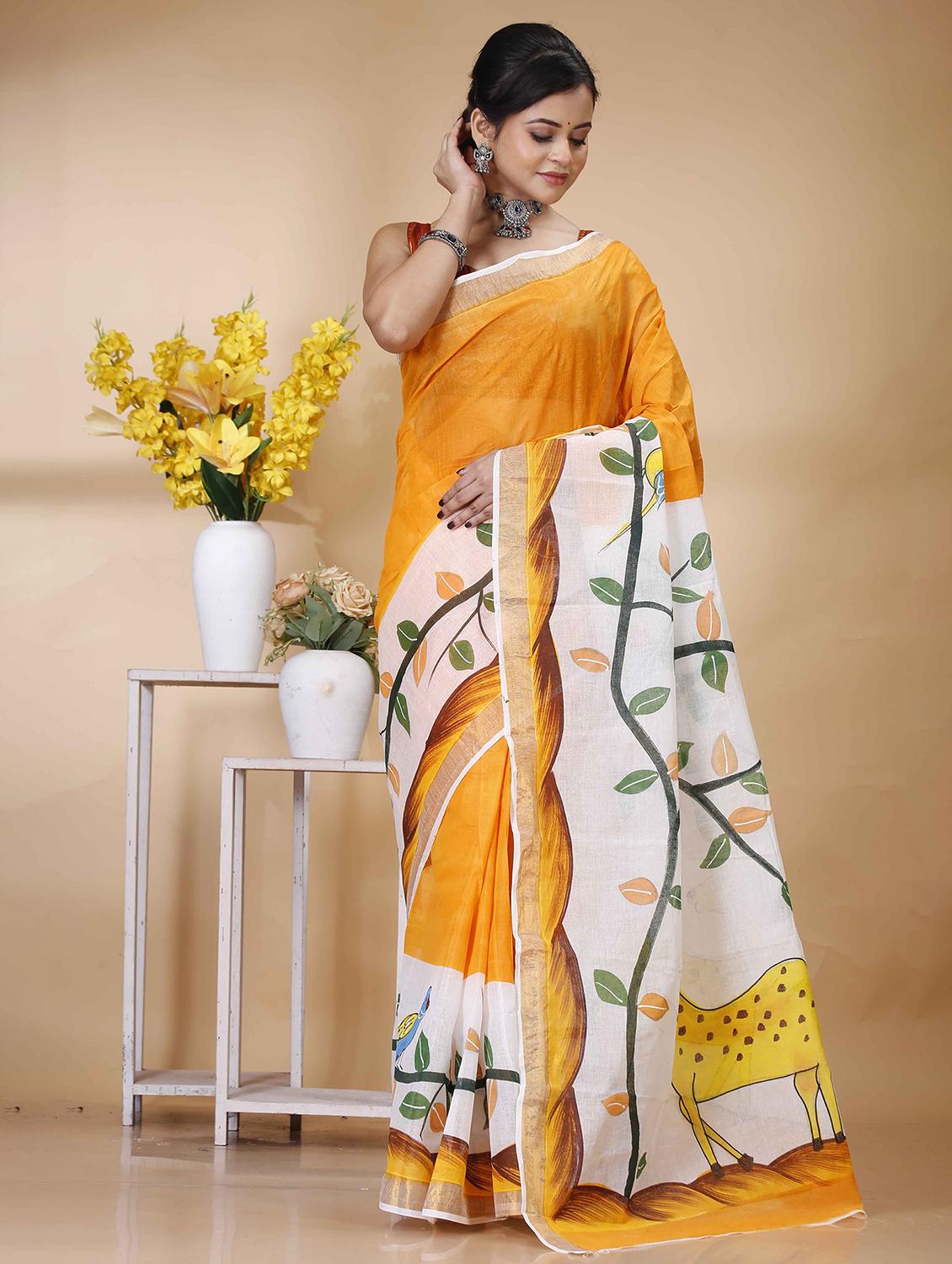 orange cotton handloom saree - 22055816 - Standard Image - 1