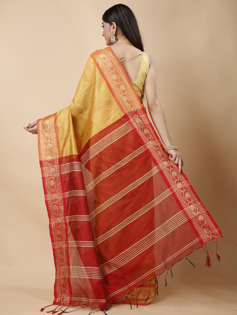 yellow cotton blend bordered saree - 22055896 - Standard Image - 1