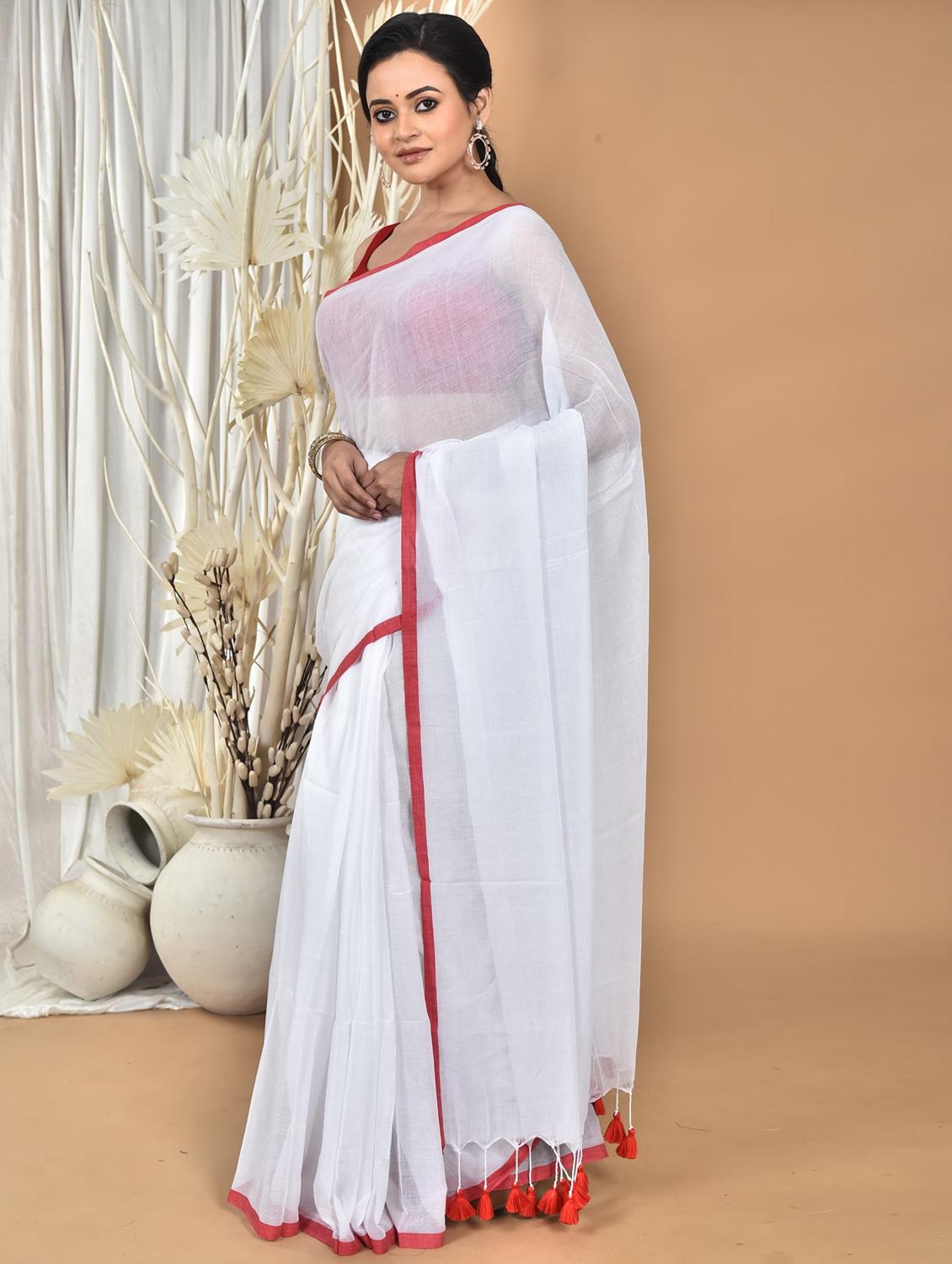 white cotton handloom saree - 22055942 - Standard Image - 1