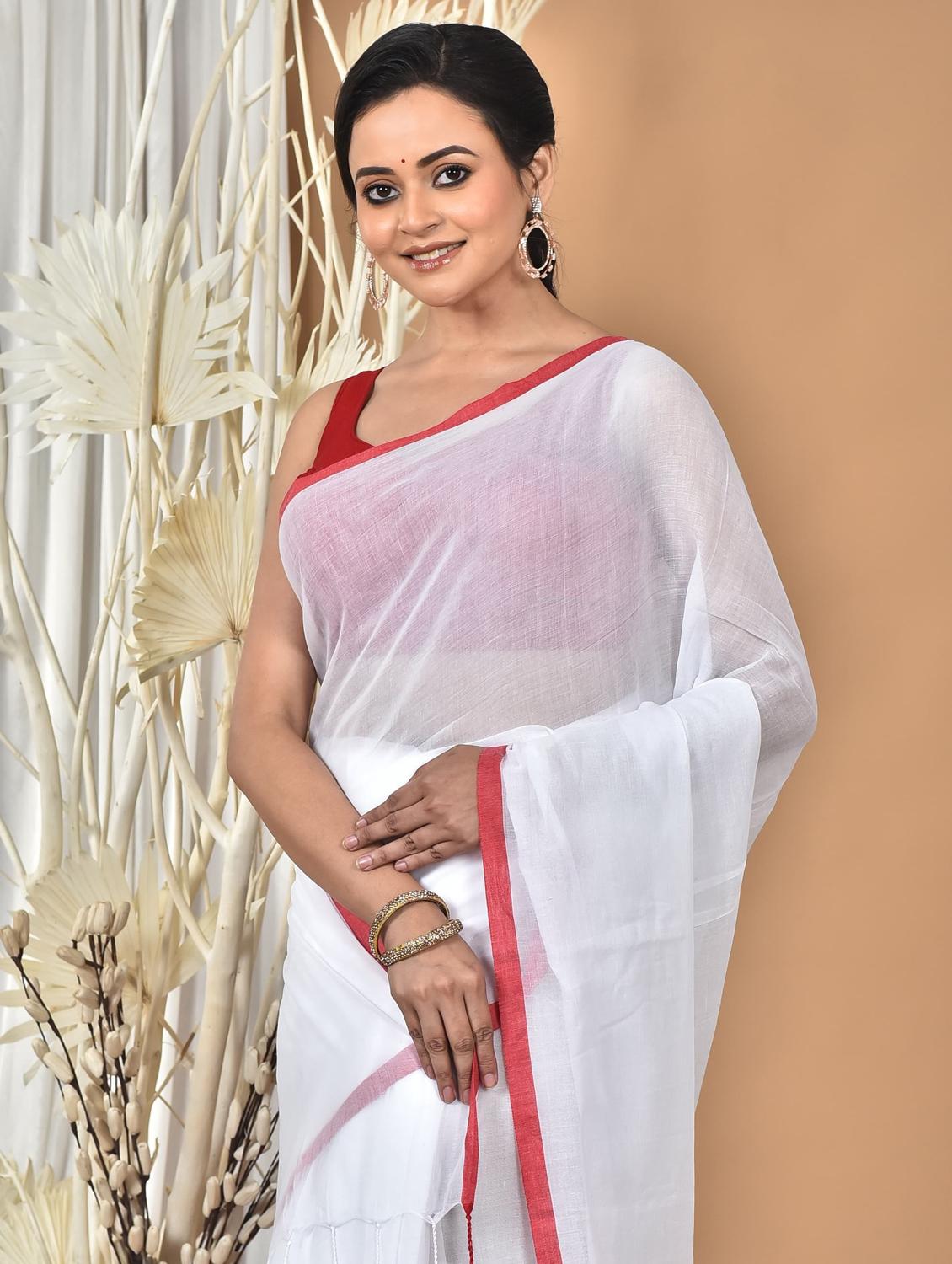 white cotton handloom saree - 22055942 - Standard Image - 4