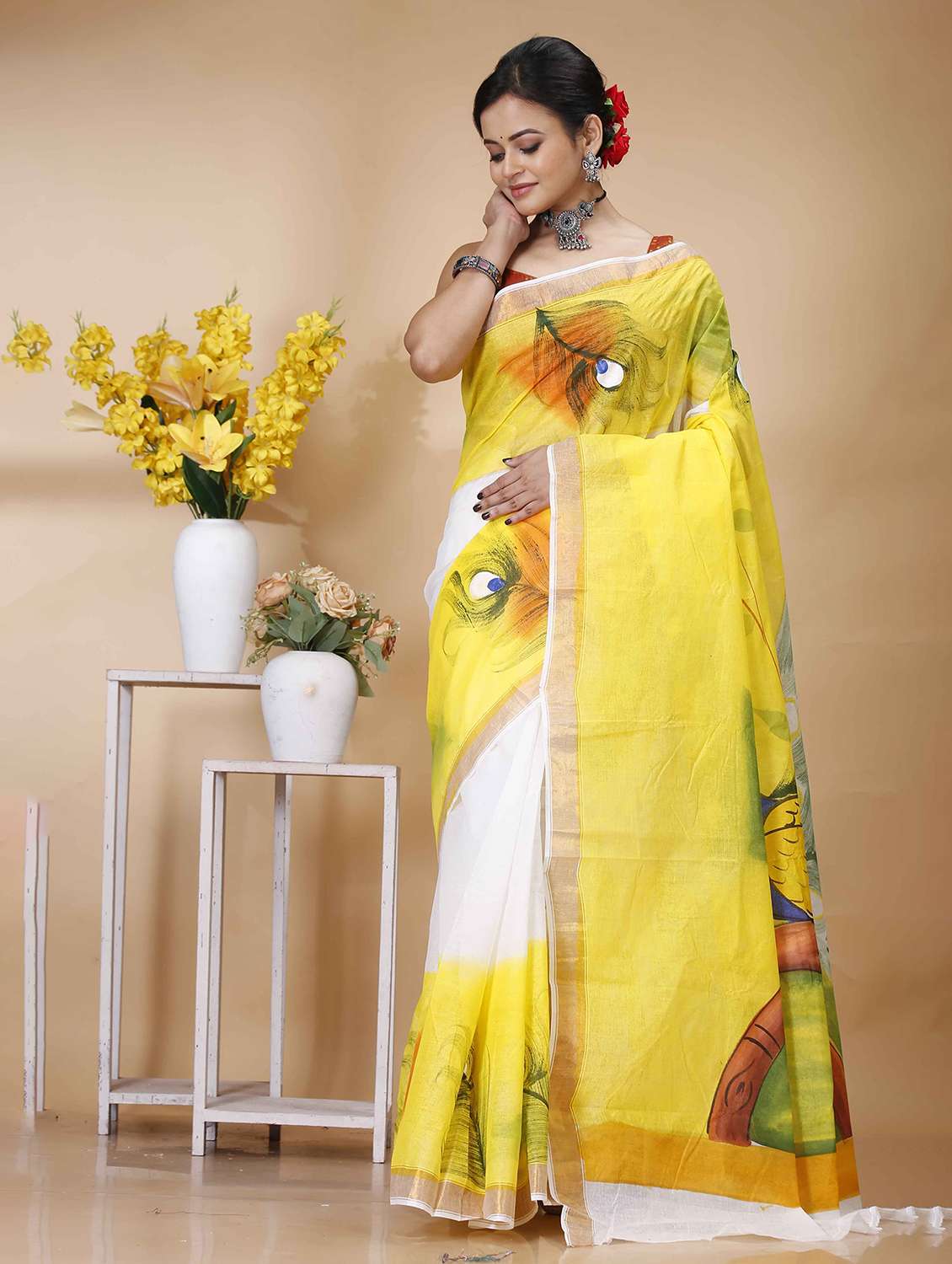 yellow cotton handloom saree - 22056043 - Standard Image - 1