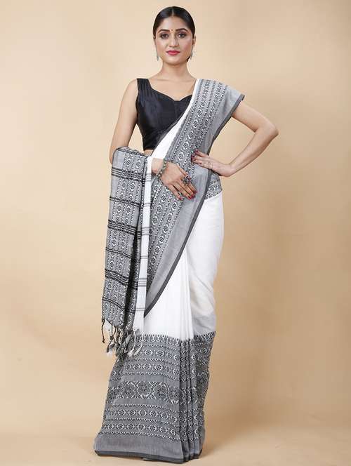 white cotton handloom saree - 22056136 - Standard Image - 0