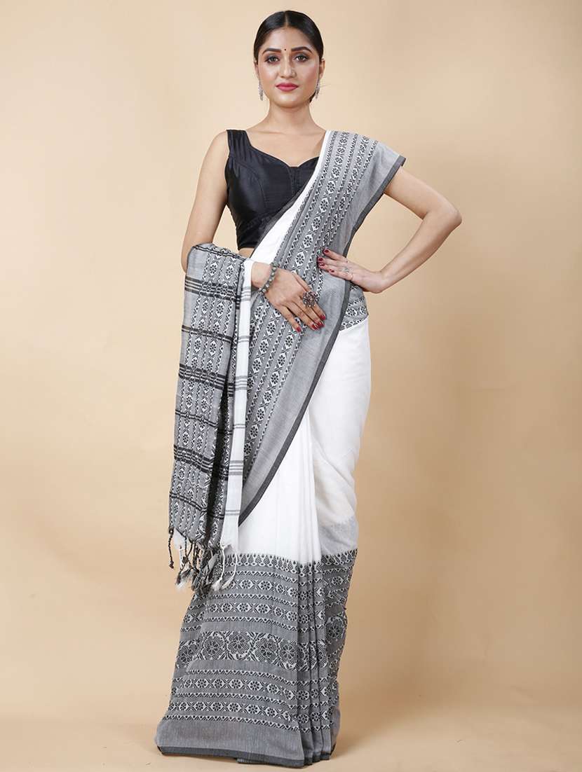 white cotton handloom saree - 22056136 - Zoom Image - 0