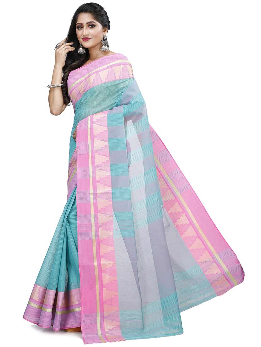 light blue cotton tant saree - 22056206 - Standard Image - 1
