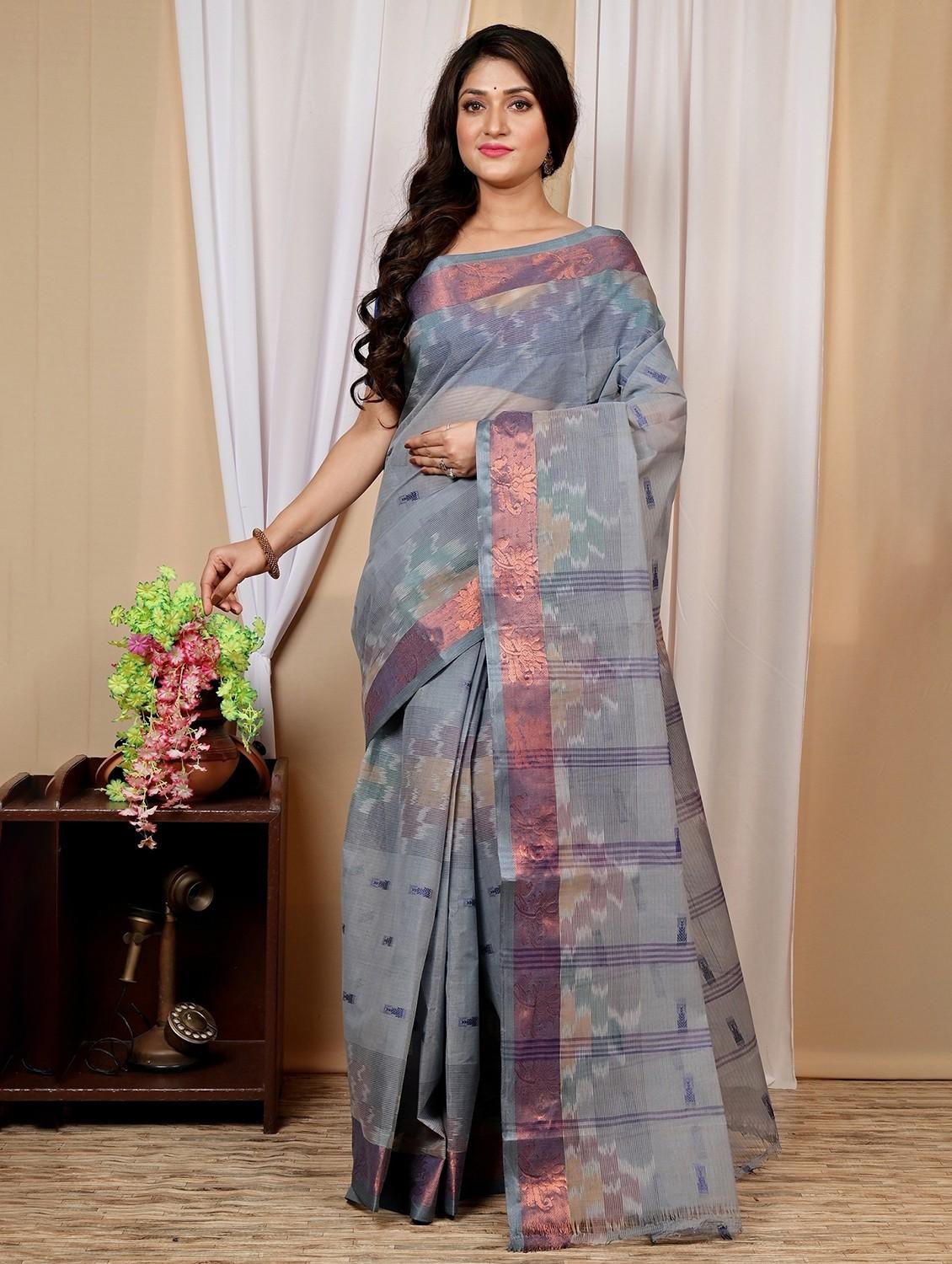 light blue cotton tant saree - 22056215 - Standard Image - 4