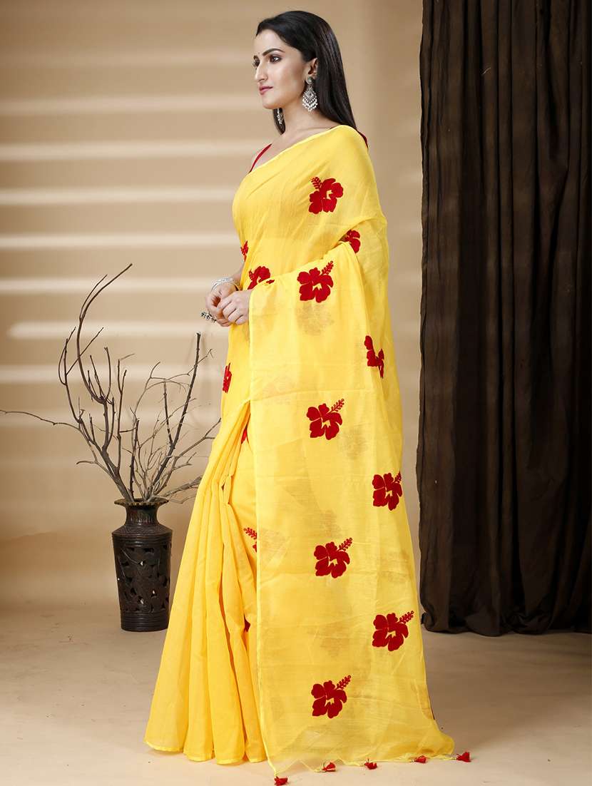 yellow cotton blend printed saree - 22056359 -  Standard Image - 1
