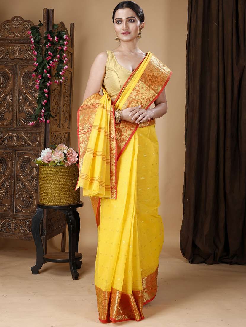 yellow cotton blend handloom saree - 22056439 - Standard Image - 1