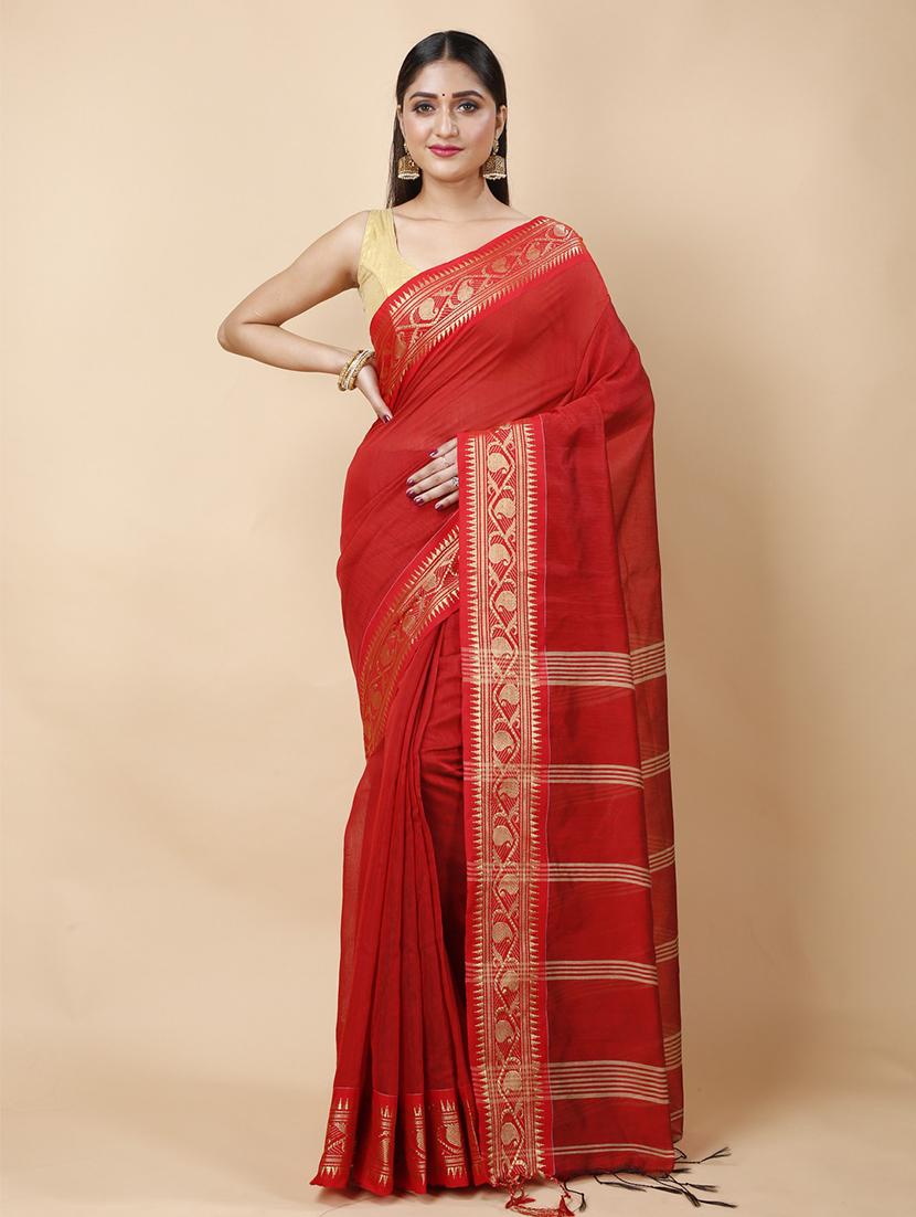 red cotton blend handloom saree - 22056494 - Standard Image - 1