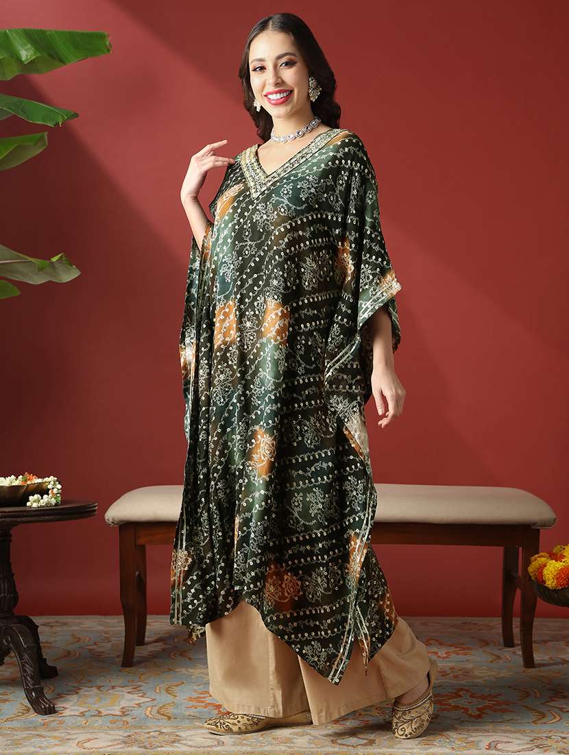 globus women green zari embroidered v-neck ethnic print gotta patti fusion kaftan kurta - 22056929 - Standard Image - 1