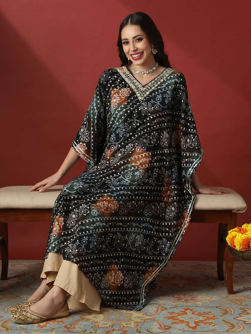 globus women navy blue zari embroidered v-neck ethnic print gotta patti fusion kaftan kurta - 22056929 -  Standard Image - 1