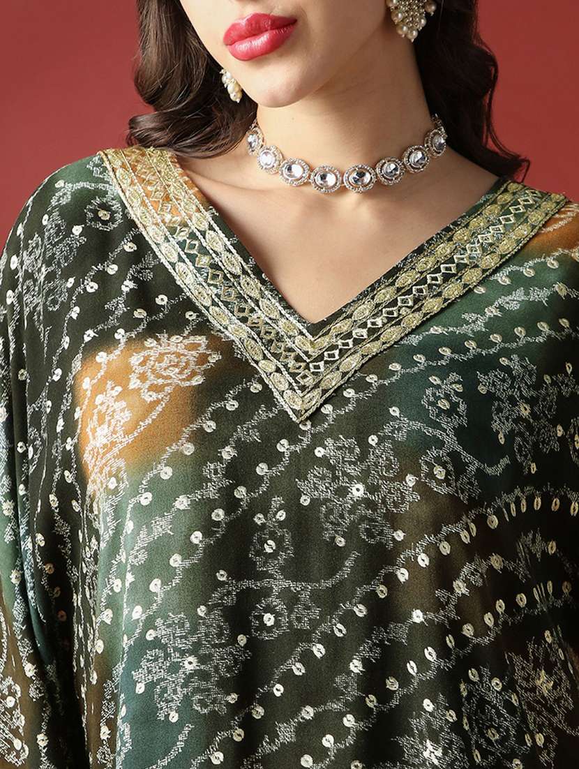 globus women green zari embroidered v-neck ethnic print gotta patti fusion kaftan kurta - 22056929 - Standard Image - 4