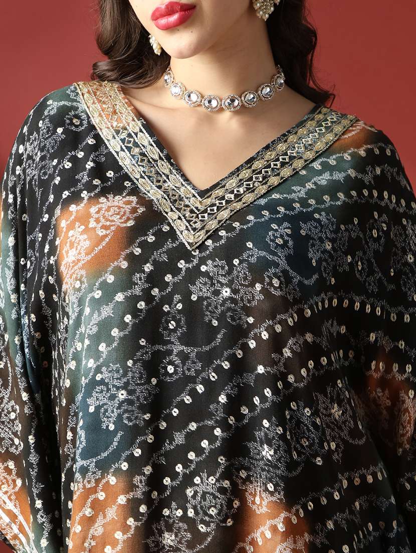 globus women navy blue zari embroidered v-neck ethnic print gotta patti fusion kaftan kurta - 22056929 -  Standard Image - 4