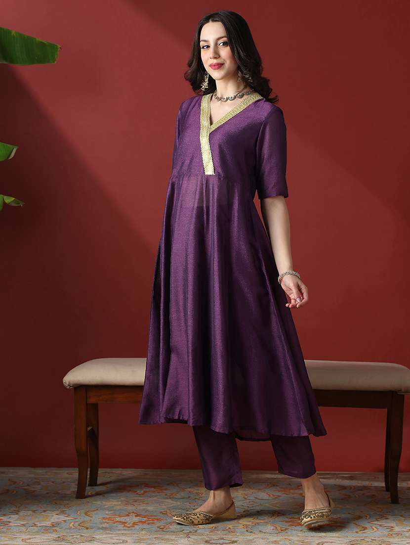 globus women purple lace detail v-neck panelled anarkali kurta with straight pants festive set - 22056930 -  Standard Image - 1