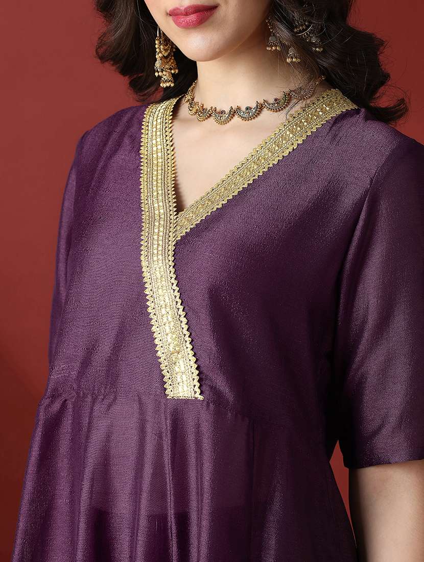 globus women purple lace detail v-neck panelled anarkali kurta with straight pants festive set - 22056930 - Standard Image - 4