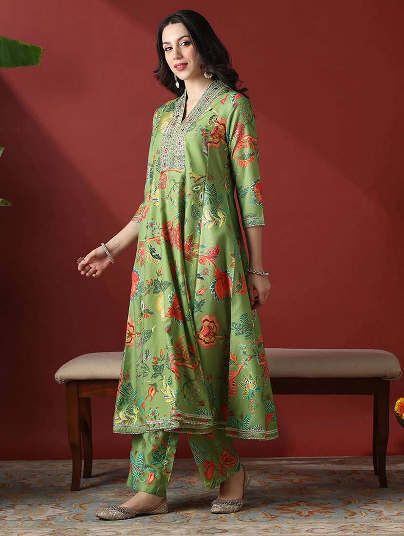 globus women green zari embroidered v-neck panelled floral print anarakali kurta with pants festive set - 22056931 -  Standard Image - 1