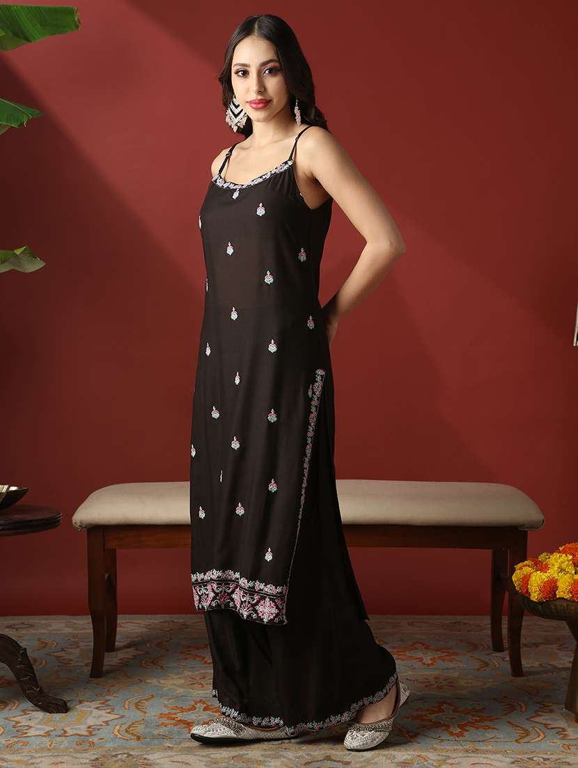 women embroidered shoulder strap kurta palazzo set - 22056933 -  Standard Image - 1