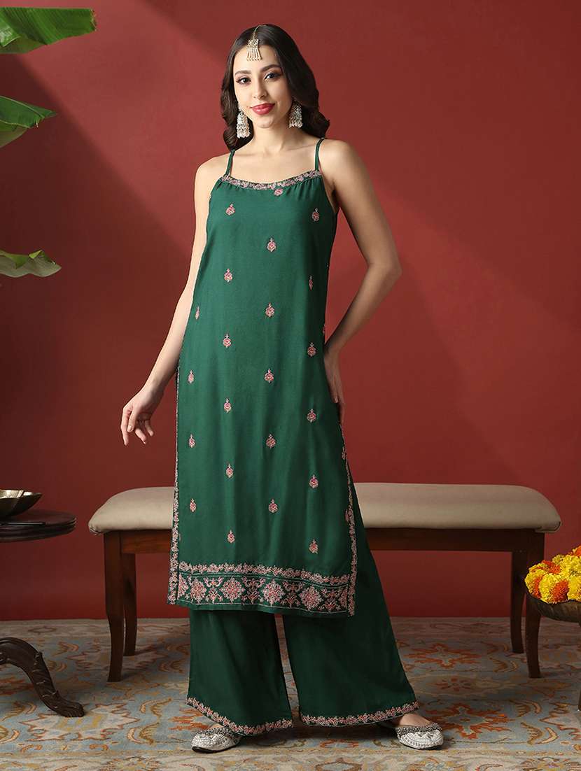 Globus Women Green Round Neck Strappy Shoulder Floral Embroiered Straight Kurta With Wide Leg Pants Festive Set