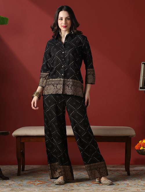 globus women black collared neck gold foil bandhani print shirt with palazzos fusion co-ord set - 22056945 -  Standard Image - 0