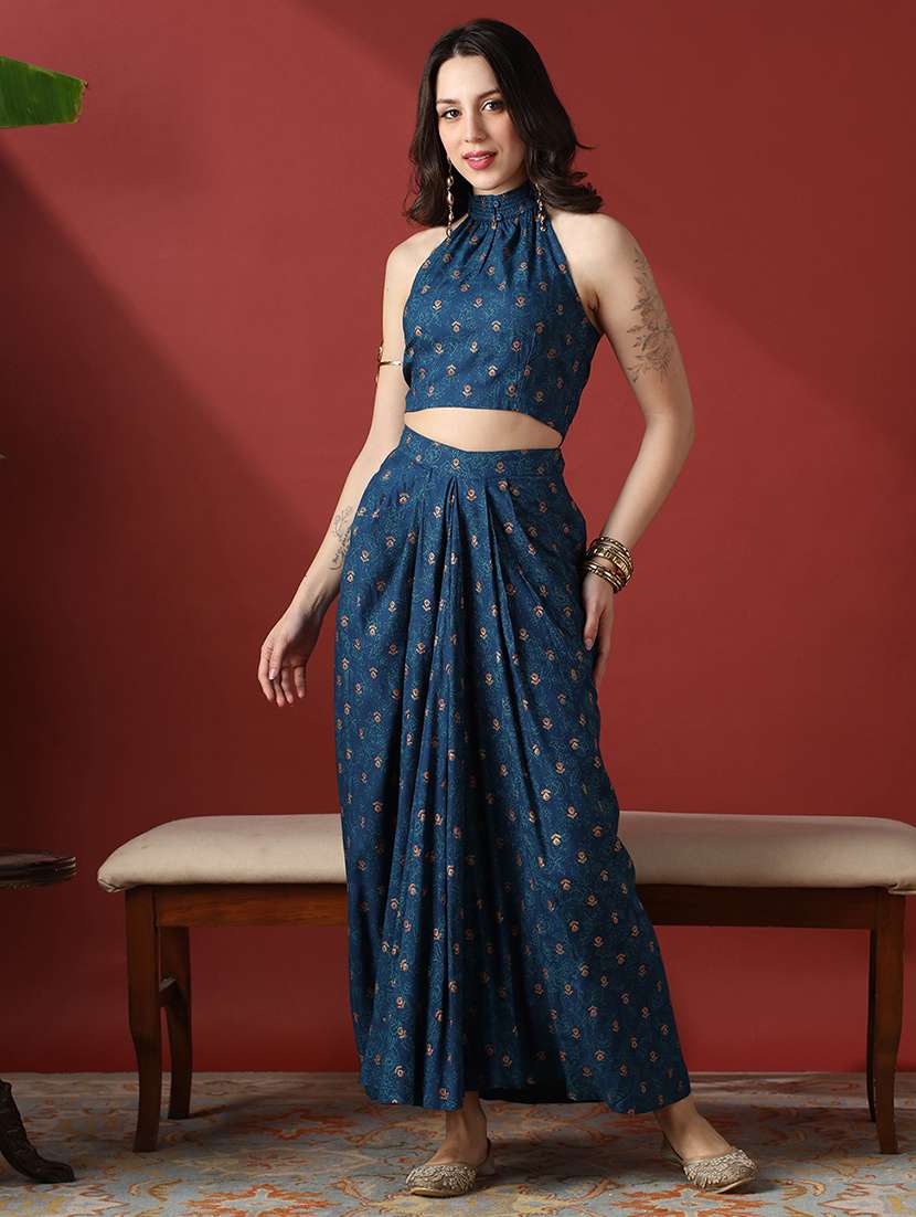 globus women navy blue floral print smock detail halter neck crop top with pleated maxi skirt fusion co-ord set