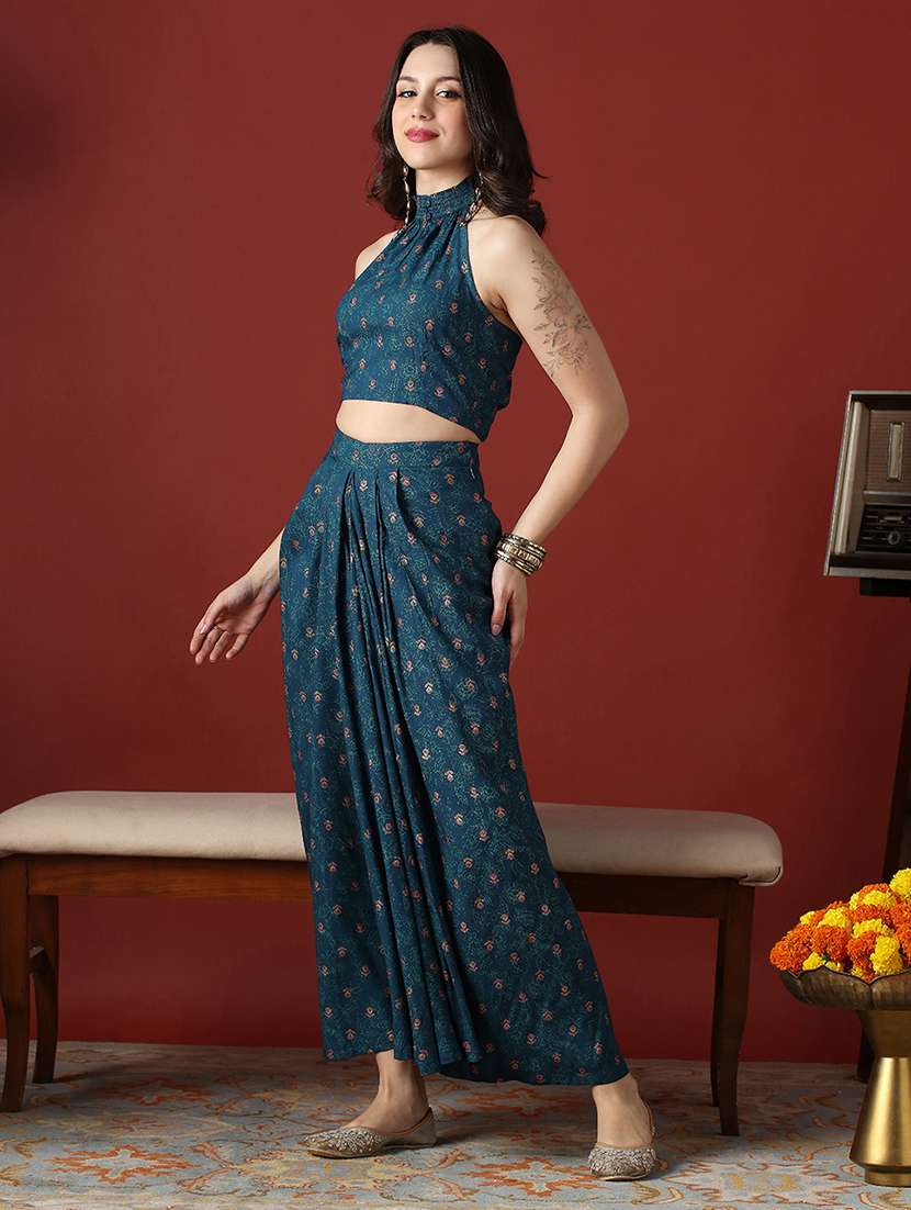 globus women navy blue floral print smock detail halter neck crop top with pleated maxi skirt fusion co-ord set - 22056948 -  Standard Image - 1