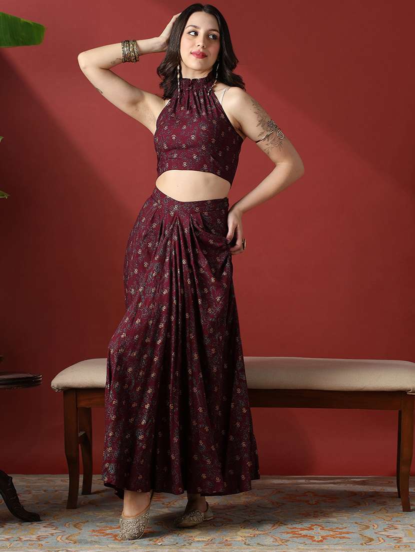 globus women maroon floral print smock detail halter neck crop top with pleated maxi skirt fusion co-ord set - 22056949 -  Zoom Image - 0