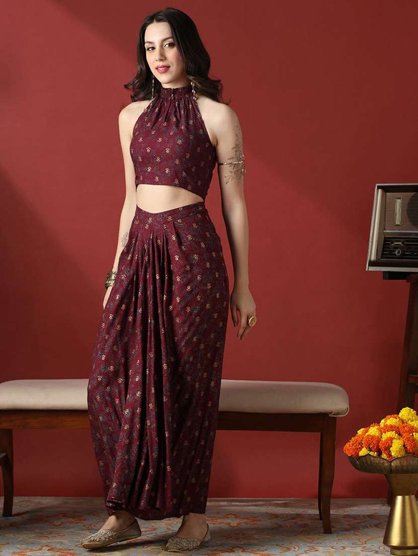 globus women maroon floral print smock detail halter neck crop top with pleated maxi skirt fusion co-ord set - 22056949 -  Standard Image - 1