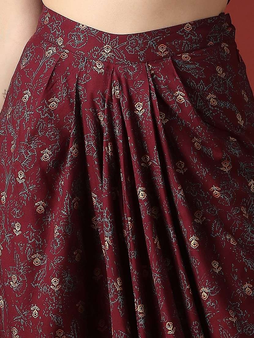 globus women maroon floral print smock detail halter neck crop top with pleated maxi skirt fusion co-ord set - 22056949 - Standard Image - 4