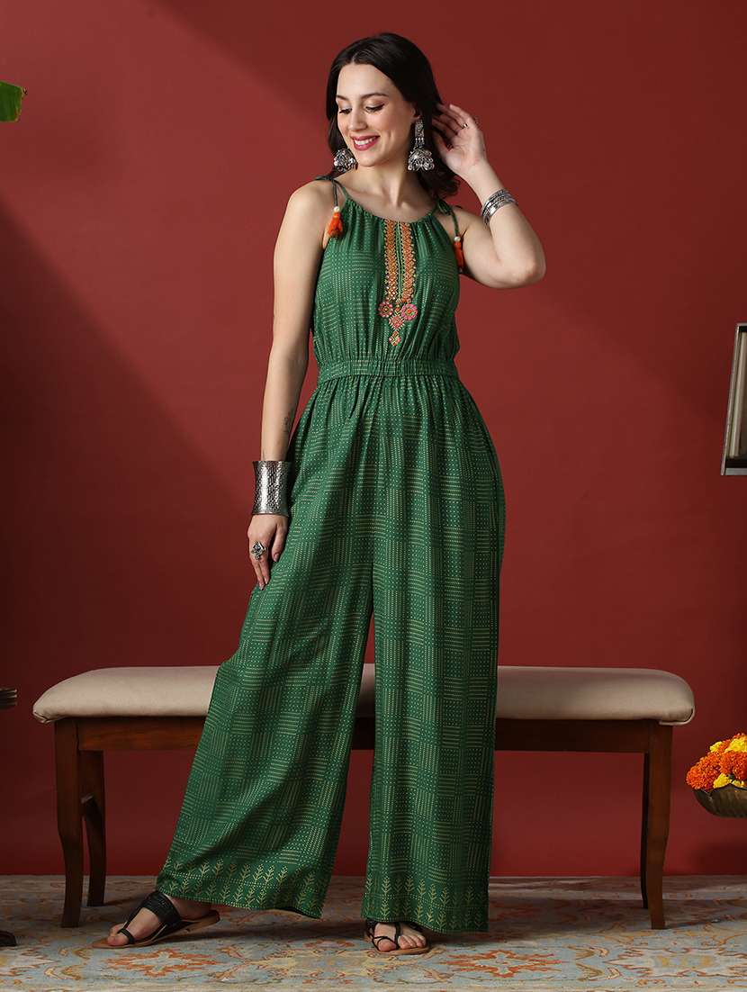 globus women green embroidered yoke & gold foil polka dot tie-up straps wide leg fusion jumpsuit